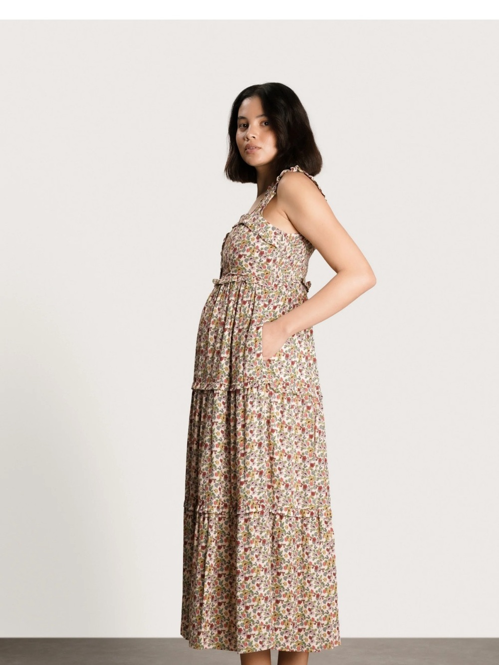 Nom Maternity Floral Tiered Maxi Dress in Cream with Pink and Green